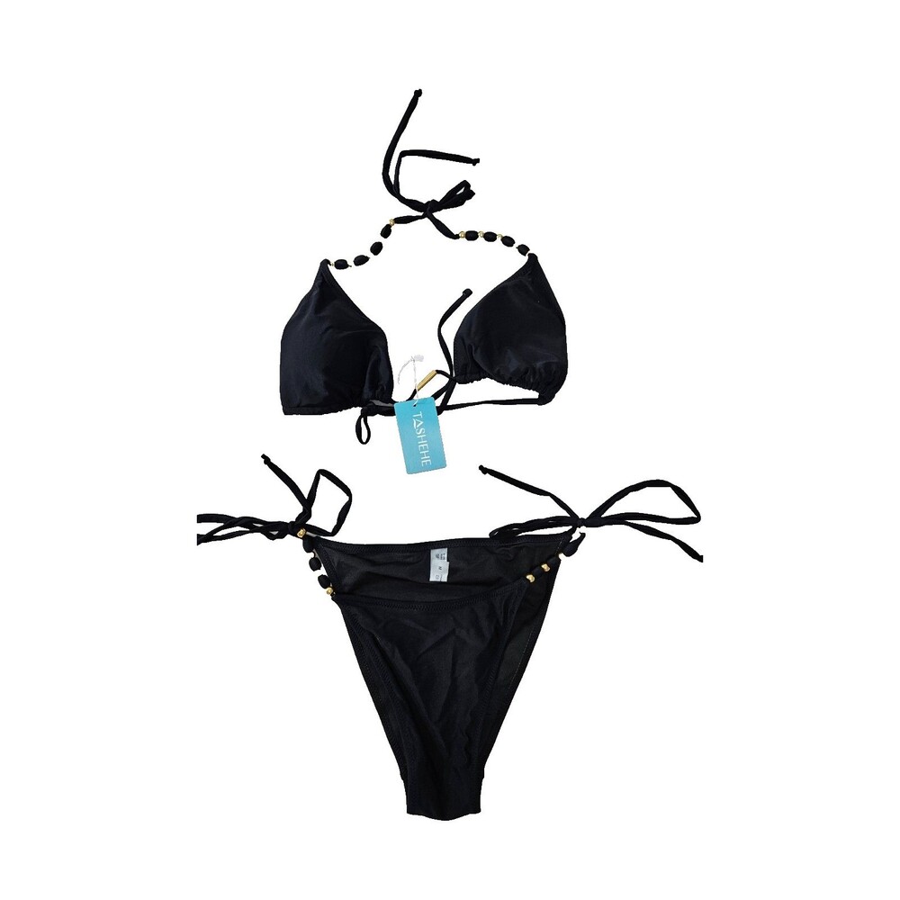 NWT Tashehe Black Glitter Halter Triangle Swimsuit String Bikini Set Size M